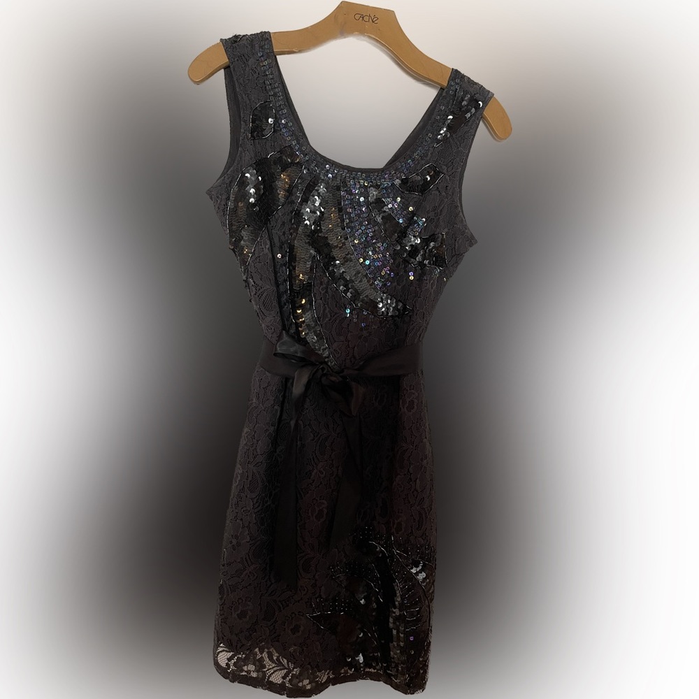 Sequined lace black minidress